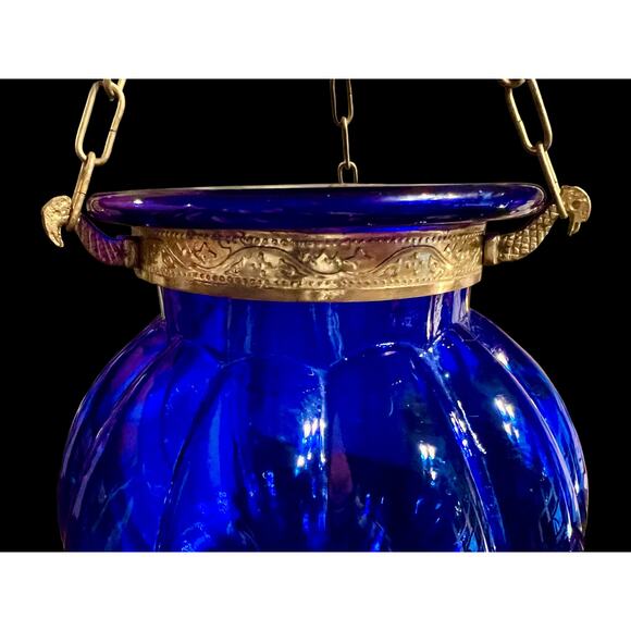 Vintage Cobalt Blue Hundi Glass Lantern-23'' Brass-Bell Pendant Hanging Light - Picture 4 of 13